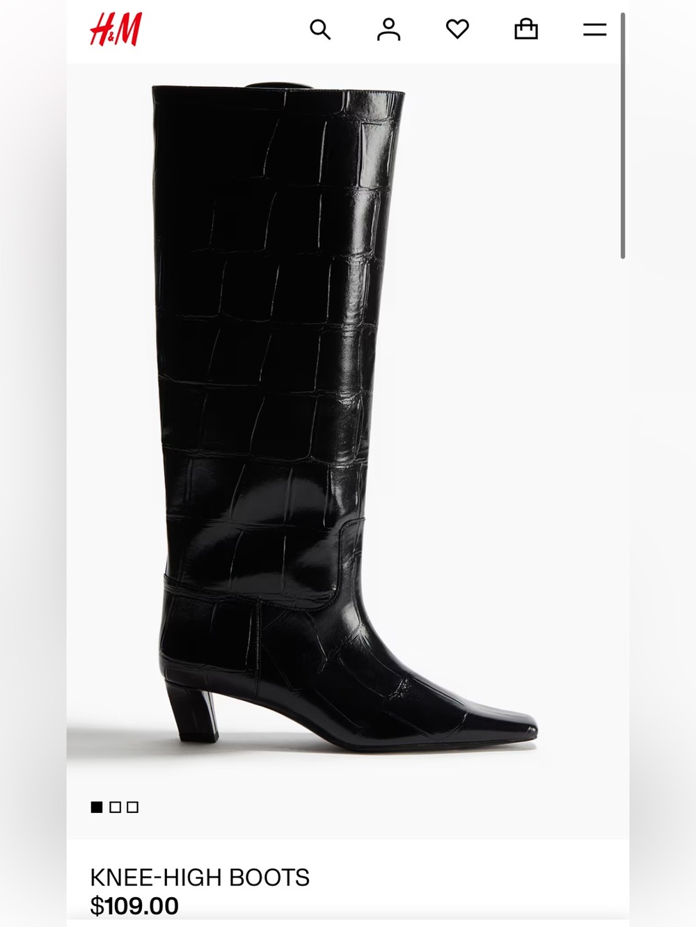 H&M Black Croc-Embossed Knee-High Heeled Boots